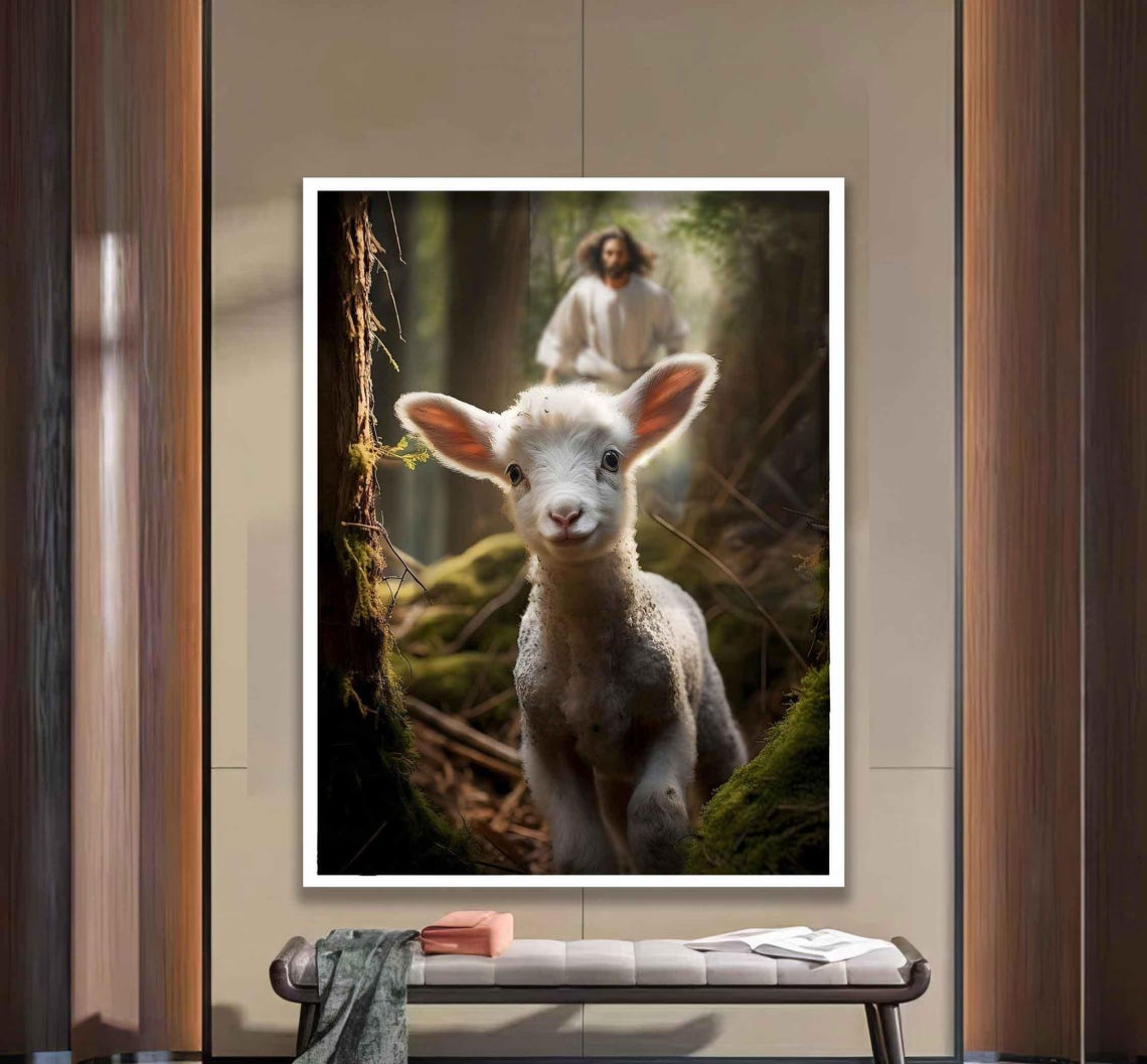 Jesus And The Lamb Walking In A Sunlit Forest Christian Wall Art - Image 2