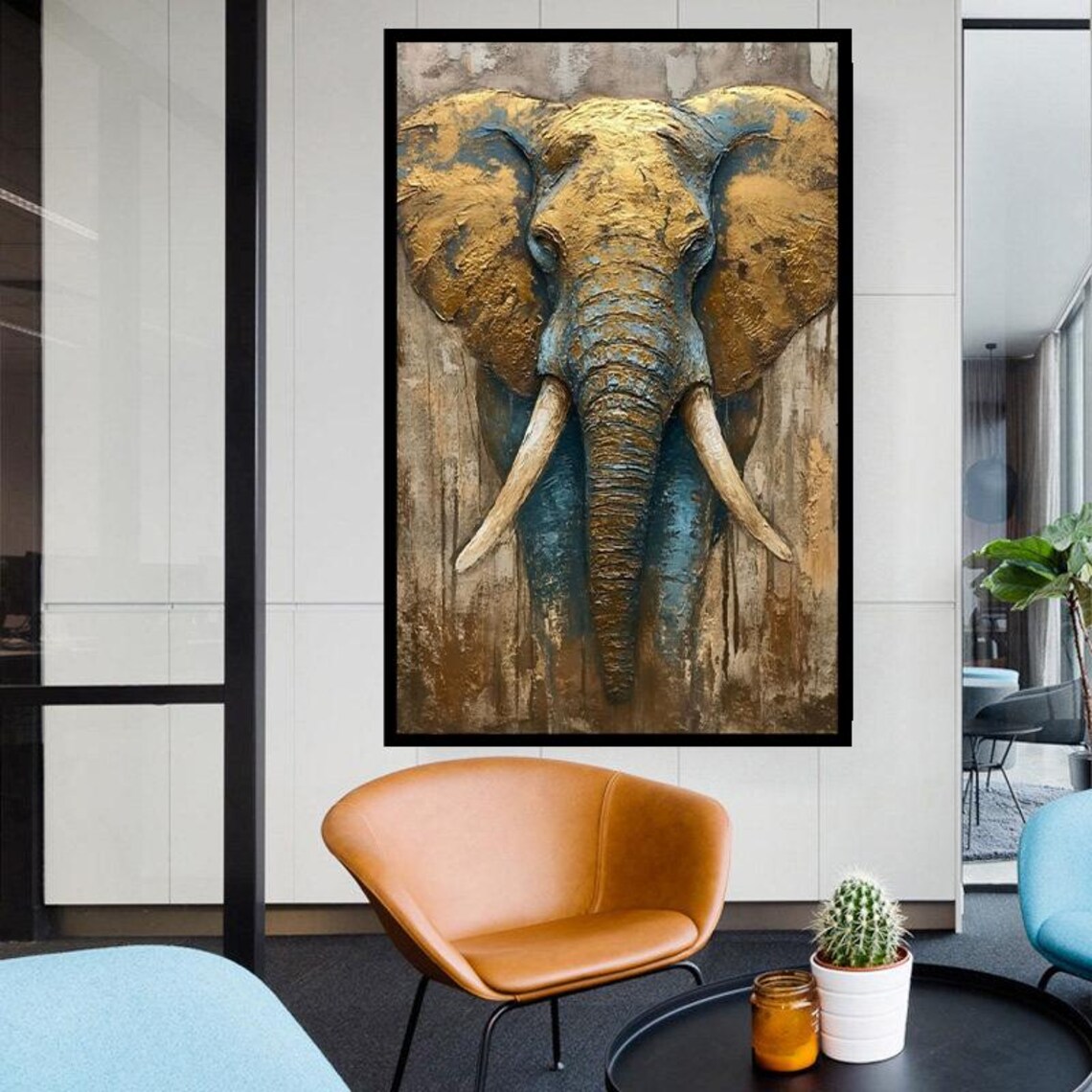 Textured Gold Blue Elephant Head Rustic Impasto Wildlife Poster - Image 3