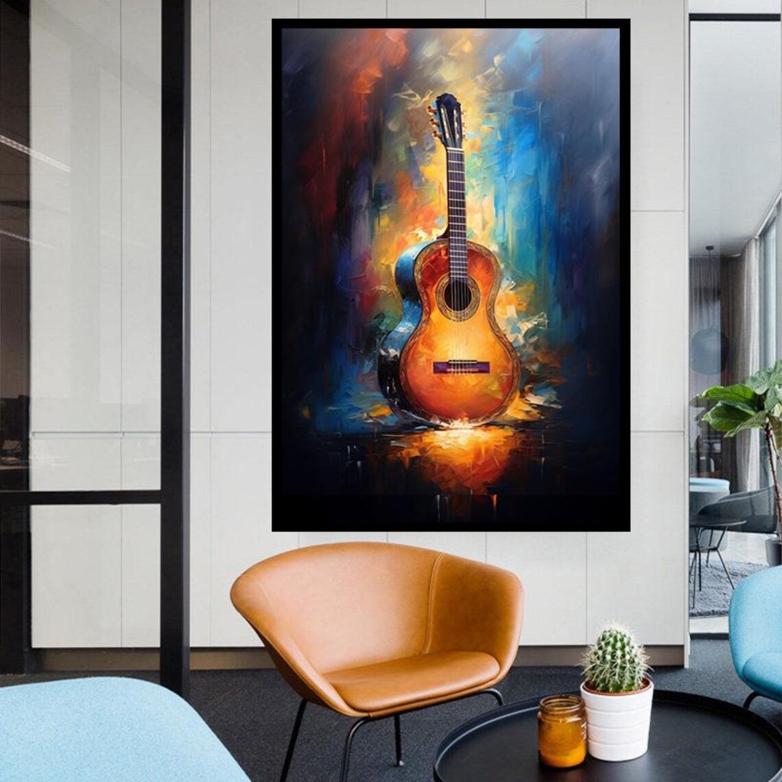 Acoustic Guitar Abstract Oil Painting Blue Orange Music Art Poster - Image 4