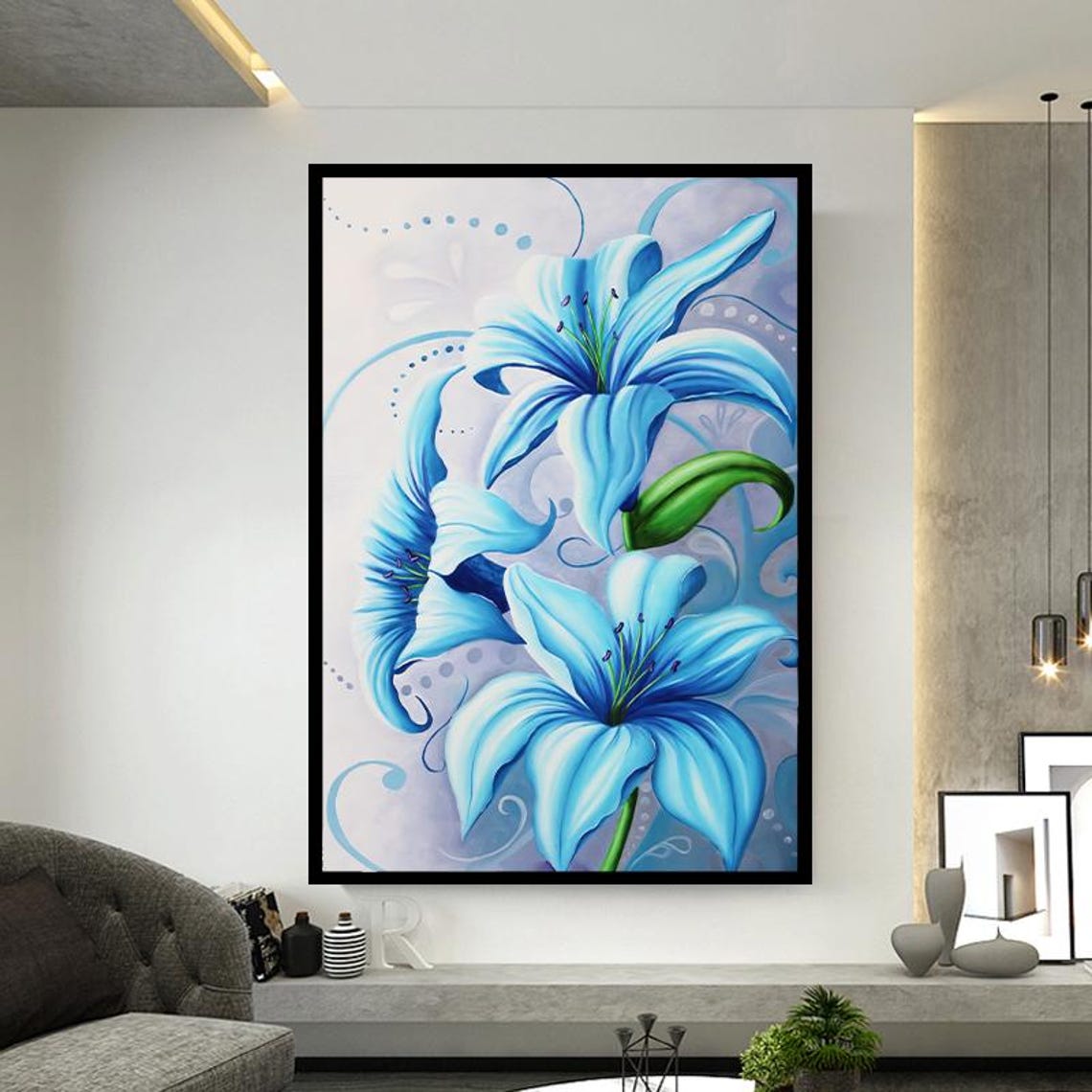 Elegant Glowing Blue Lilies Decorative Botanical Floral Art Poster - Image 4