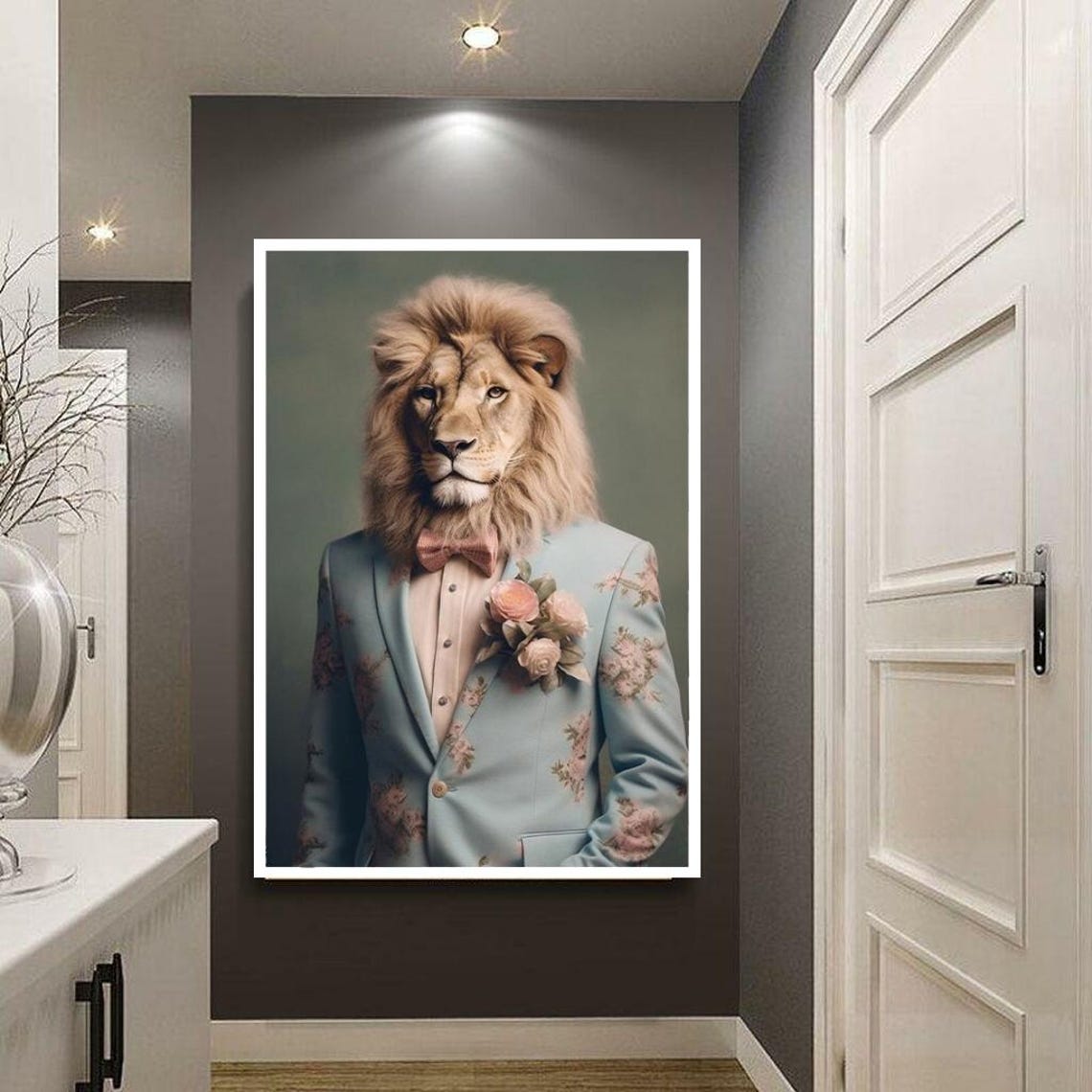 Dapper Lion In Blue Floral Suit With Pink Bow Tie Portrait Poster - Image 3