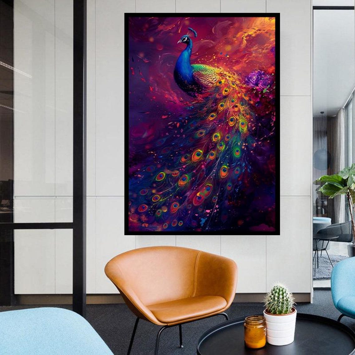 Vibrant Peacock Unfurling Tail Against Magenta Sunset Art Poster - Image 2