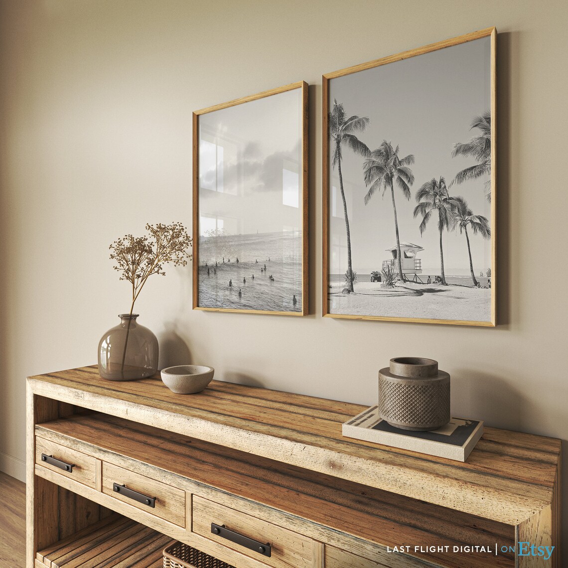 Hawaii Beach Palm Trees Lifeguard Tower Island Black White Poster - Image 4