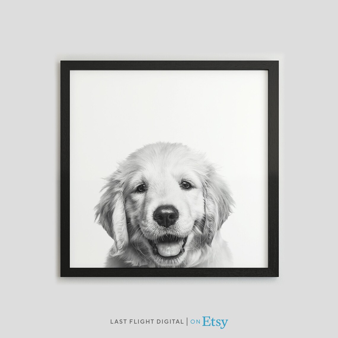 Golden Retriever Puppy Dog Poster, Black White Photo