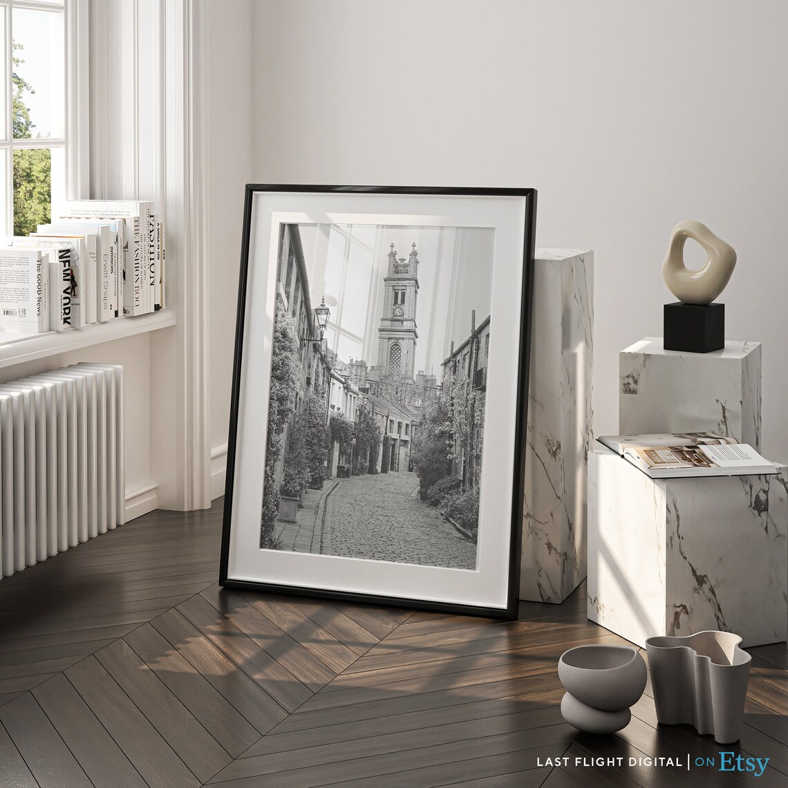 Scotland Edinburgh Circus Lane Cobblestone Street Black White Poster - Image 2