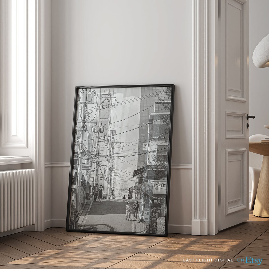 Seoul Korea Downtown City Street Power Lines Black White Poster - Image 4