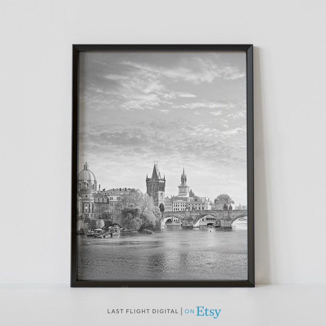Prague Charles Bridge Vltava River Black And White Photo Poster