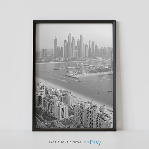 Dubai Marina Skyline Aerial Coastline Black And White Photo Poster