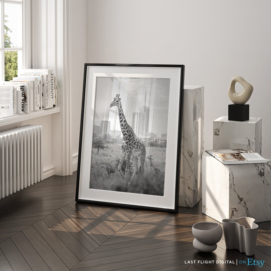Nairobi Kenya Giraffe City Skyline Safari Black And White Photo Poster - Image 4
