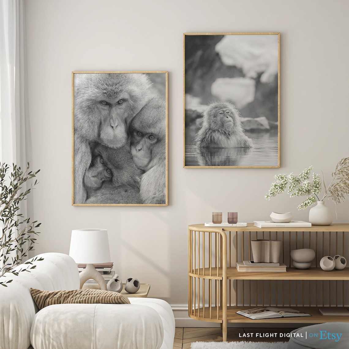Japanese Snow Monkey Hot Spring Bath Black And White Photo Poster - Image 2
