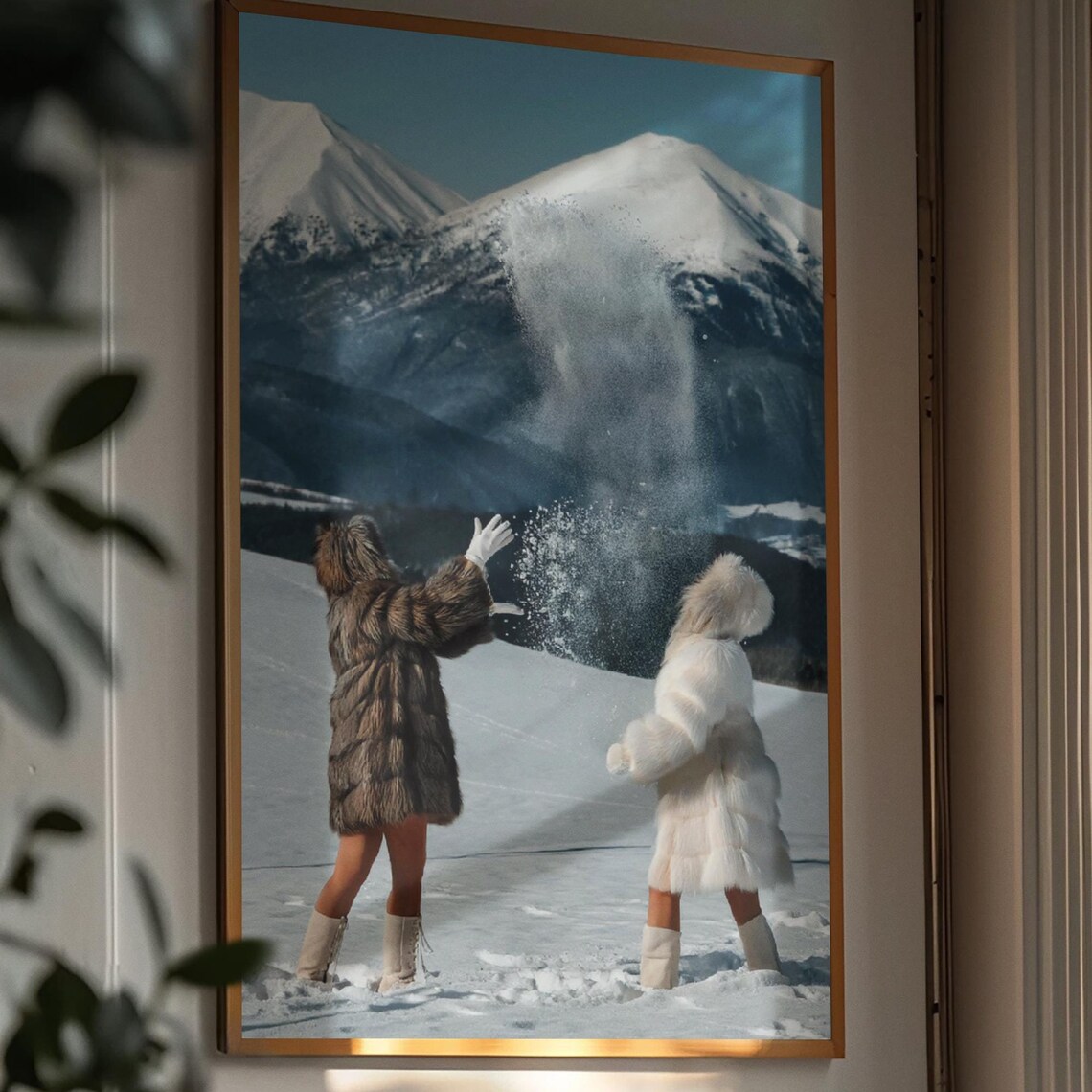 Two Friends In Fur Coats Playing In Snowy Mountain Fun Poster