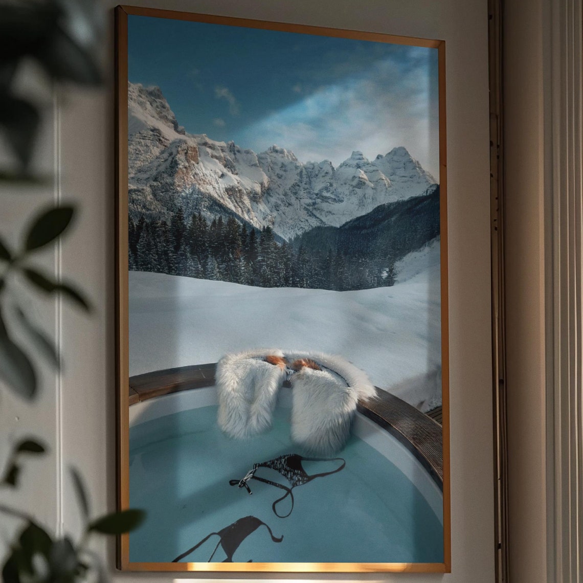 Steaming Hot Tub Against Snowy Mountain Peaks Winter Art Poster
