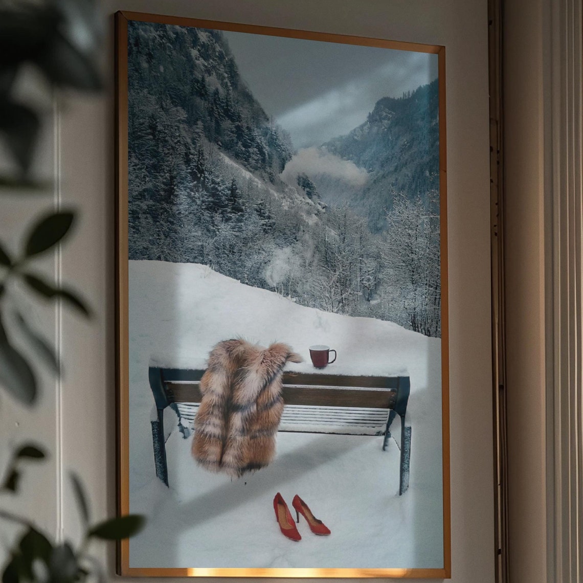 Snowy Mountain Valley Scenic Winter Coffee Moment Cozy Poster - Image 3