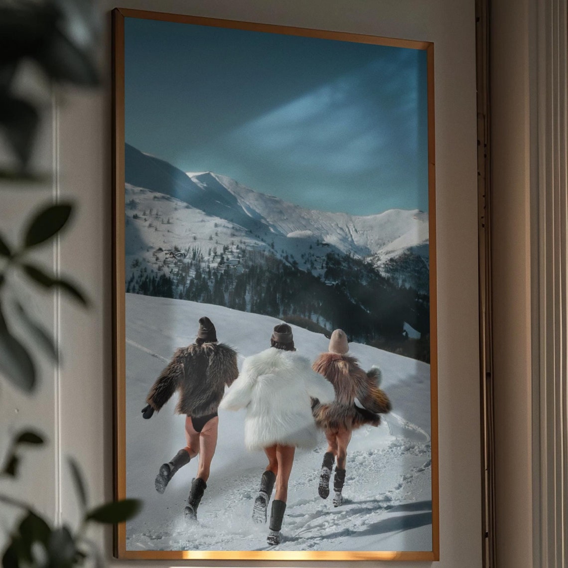 Friends In Fur Coats Running Toward Snowy Mountain Peaks Poster - Image 2