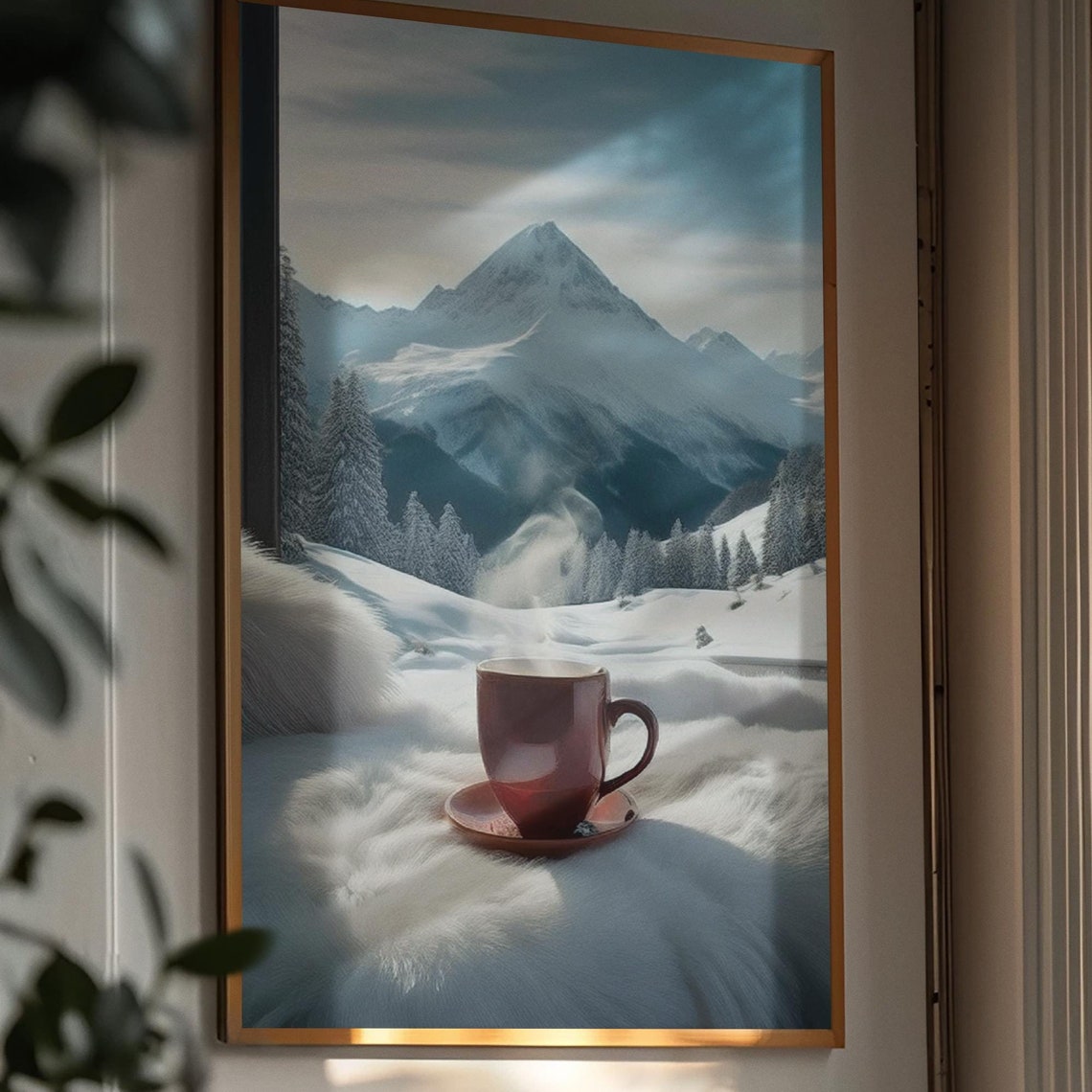 Snowy Mountain Peak Window View Cozy Coffee Cup Winter Poster