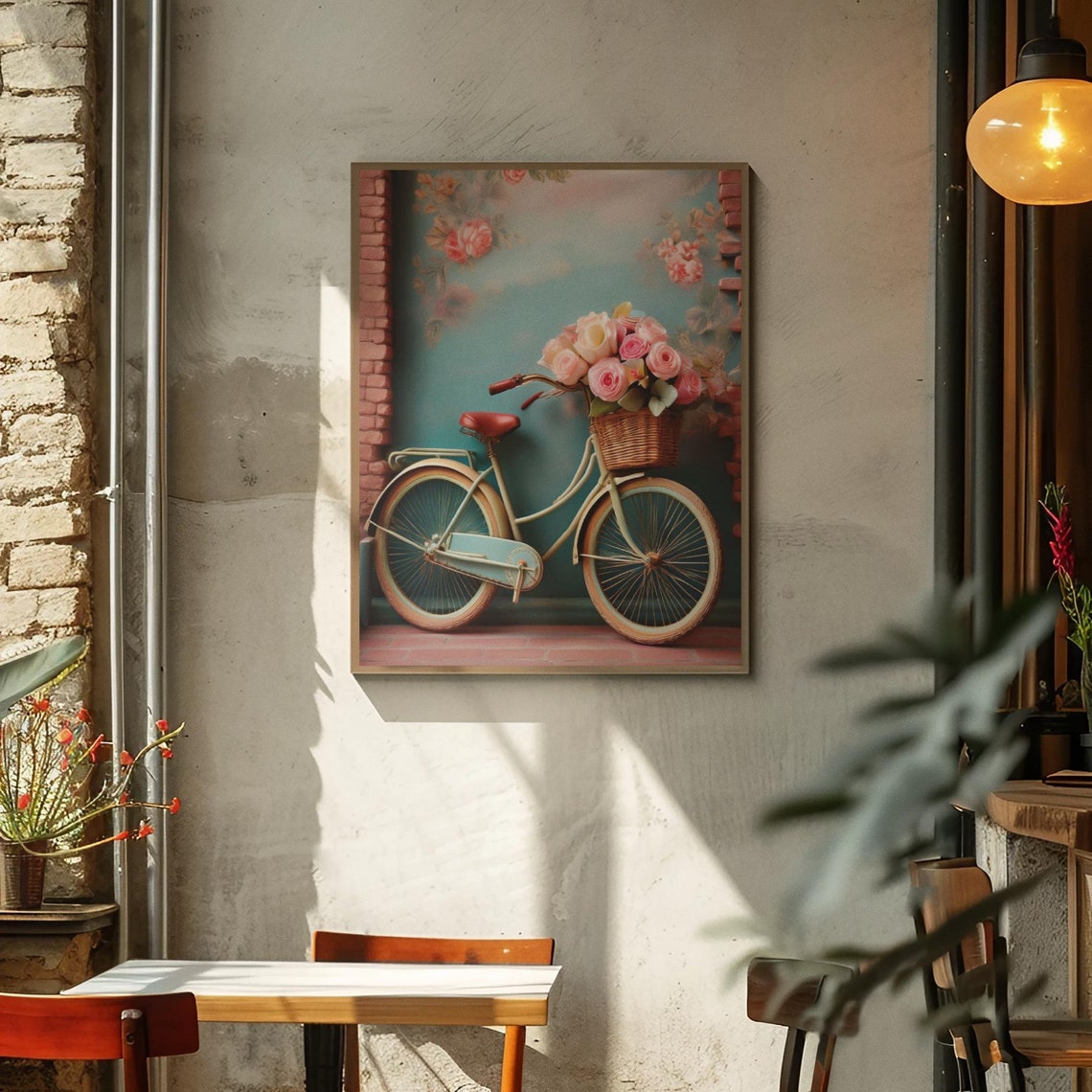 Vintage Cream Bicycle With Roses Basket Romantic Nostalgic Art Poster
