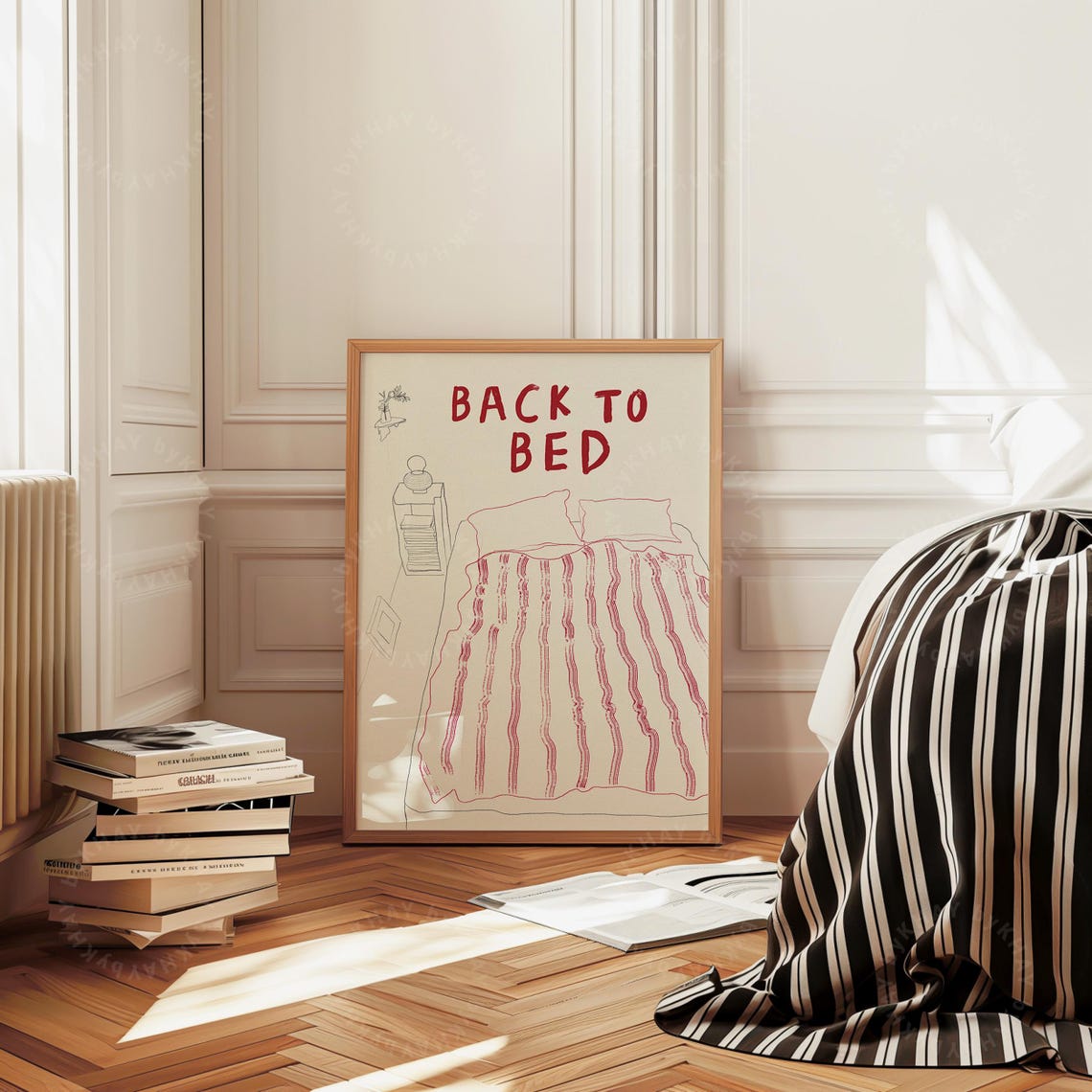 Back To Bed Red Stripe Retro Line Drawing Cozy Bedroom Poster - Image 3