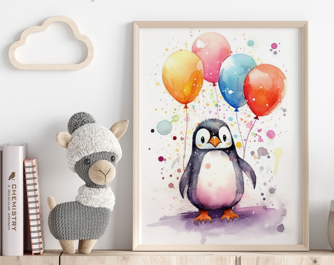 Baby Penguin With Colorful Balloons Watercolor Nursery Wall Art