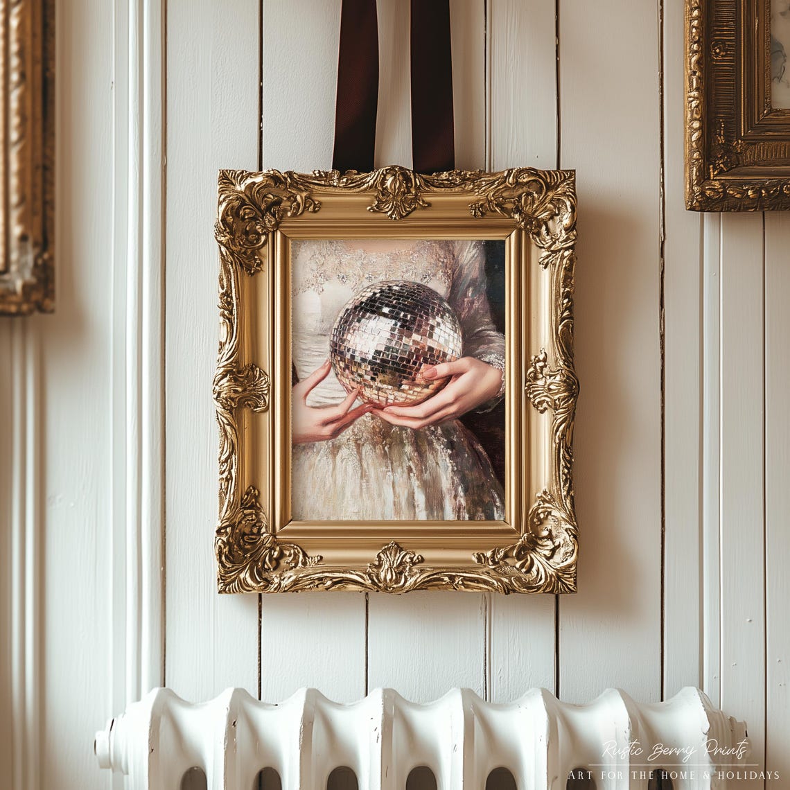 Champagne Gown Lady Holding Disco Ball Antique Painting Print - Image 3