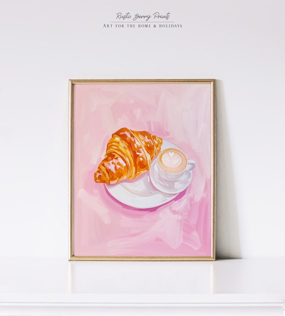 Pink Croissant And Coffee Art Print Wall Art Kitchen Decor Croissant Poster Trendy Wall Art Foodie Art Latte Art