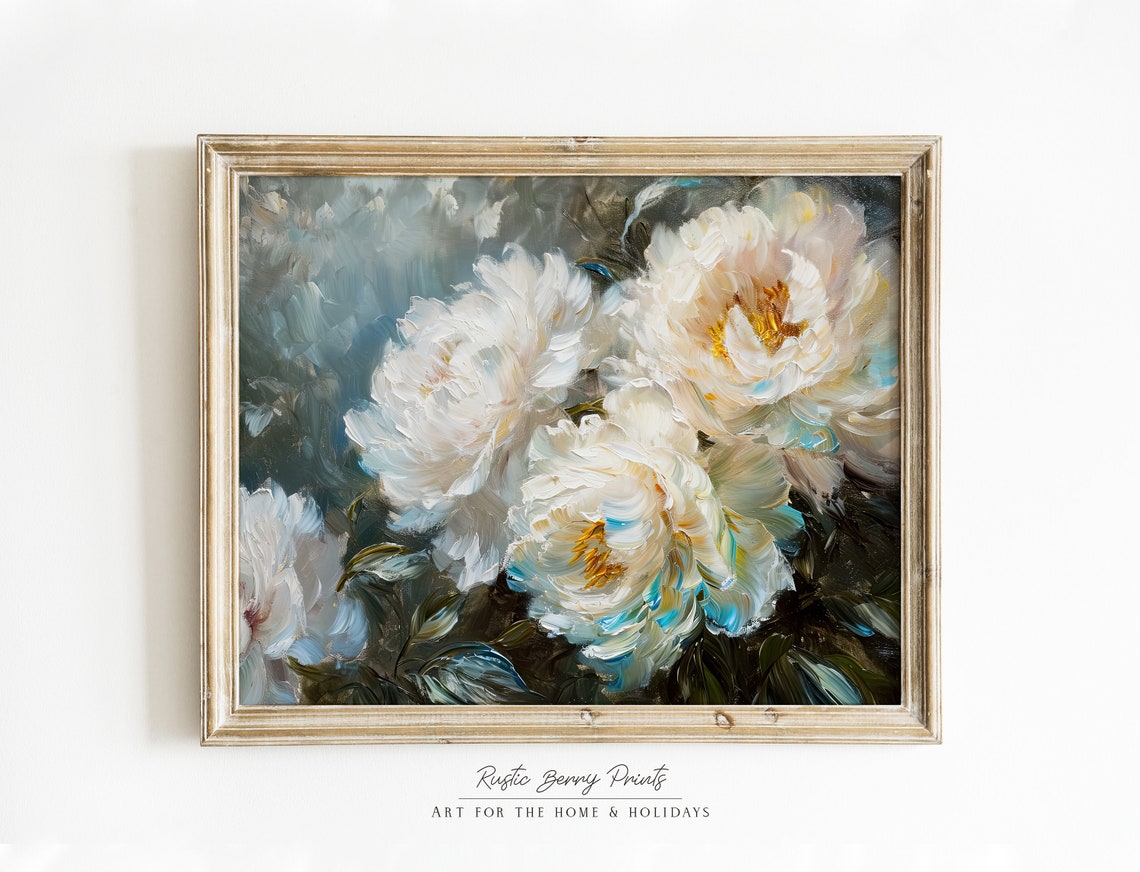 White Cream Peonies Dark Background Lush Floral Oil Art Poster