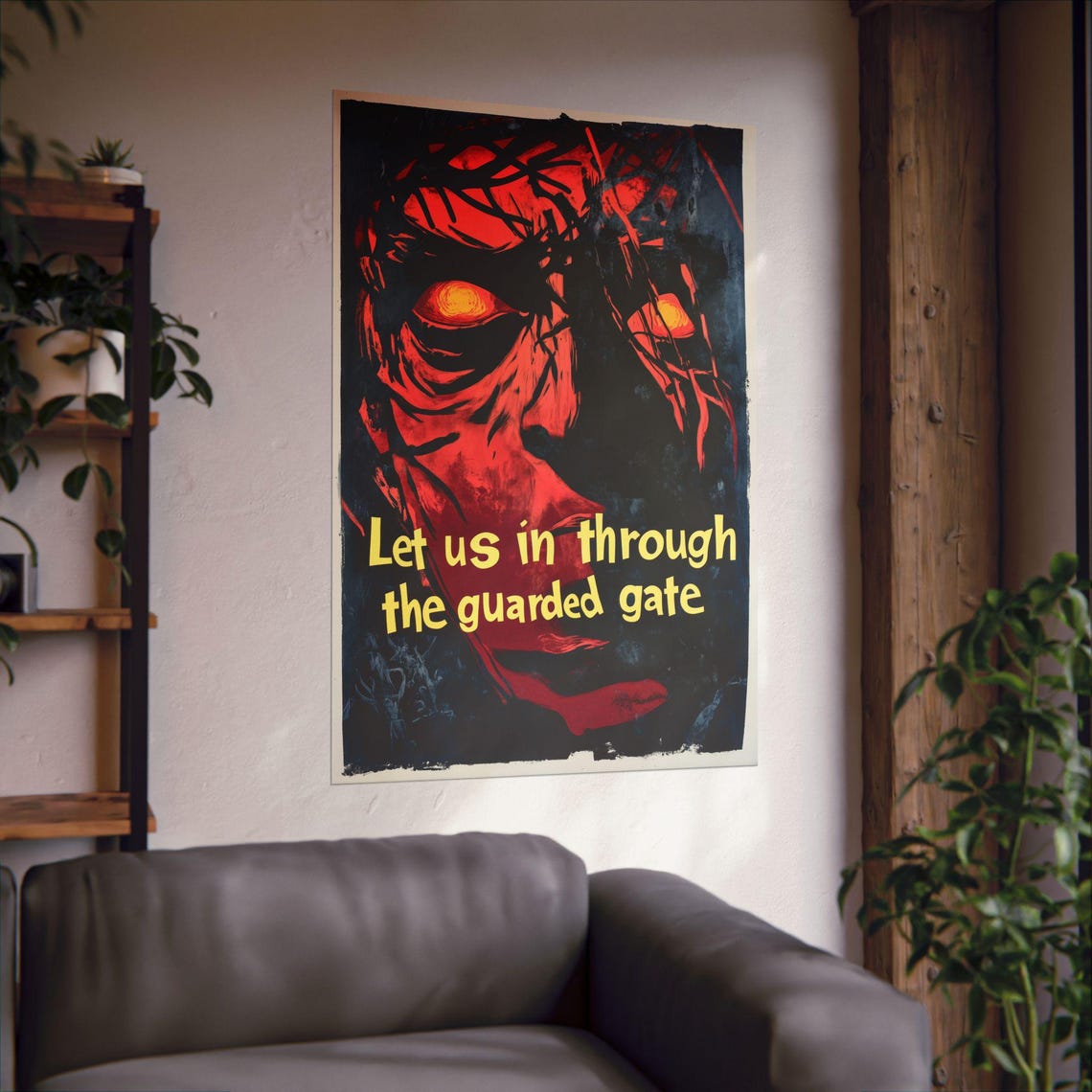 Let Us In Through the Guarded Gate Red Demon Face Protest Art Poster - Image 3