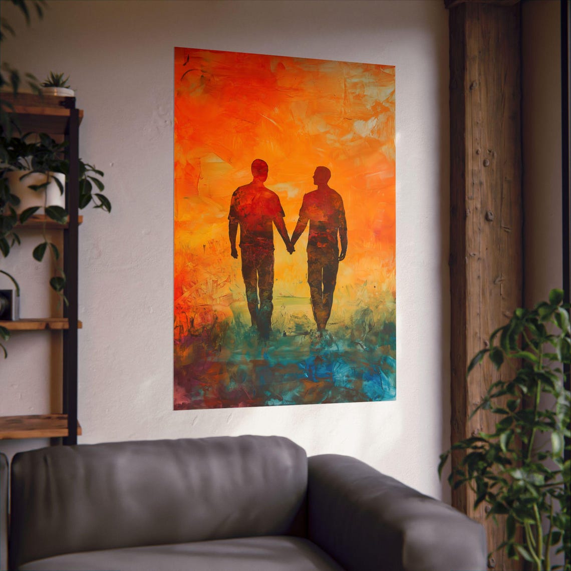 Two Men Holding Hands Sunset Painterly Love Tender Art Poster - Image 2