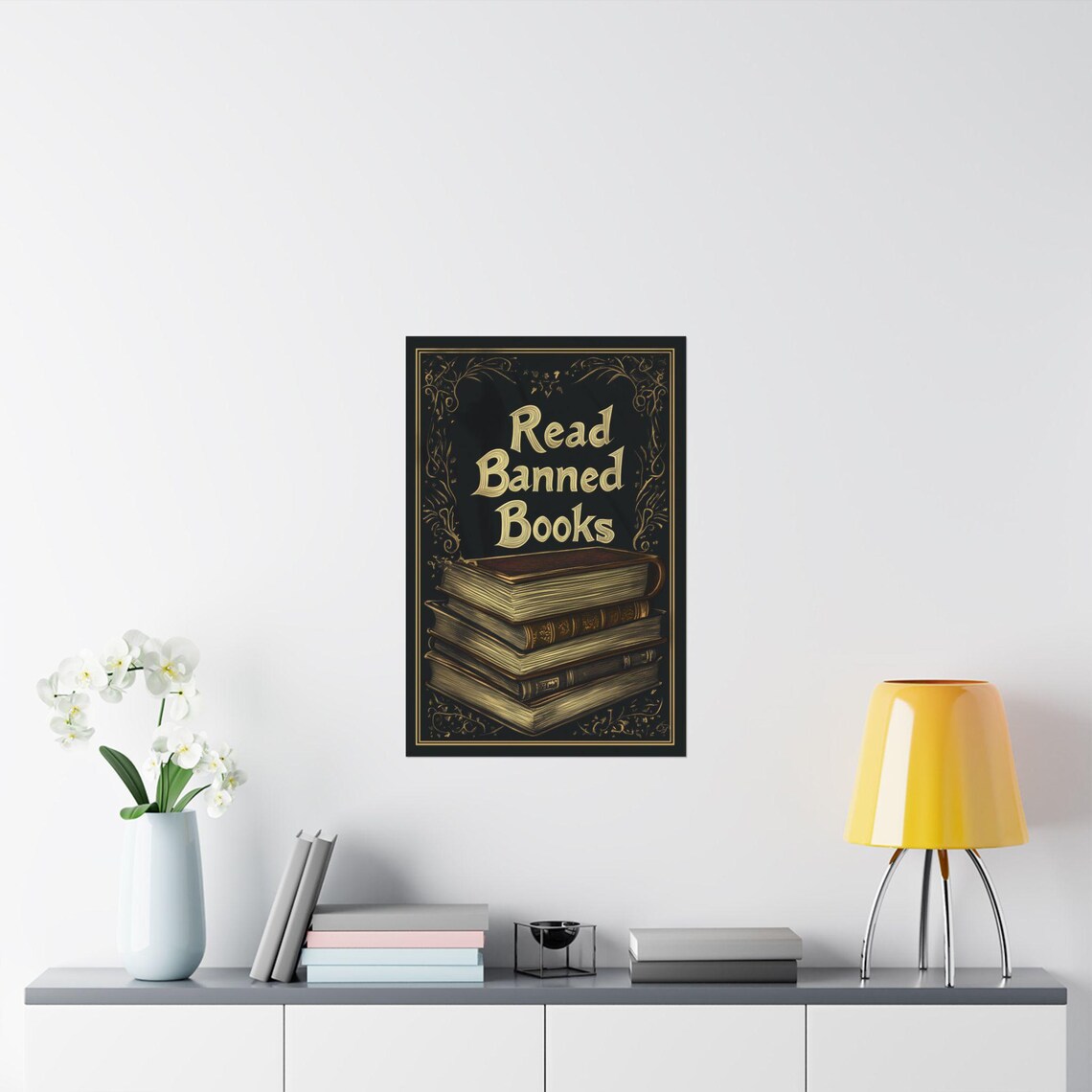 Read Banned Books Vintage Book Stack Black Gold Library Art Poster - Image 2