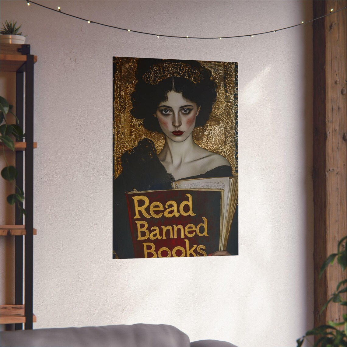 Read Banned Books Regal Crowned Woman Golden Mosaic Library Poster - Image 4