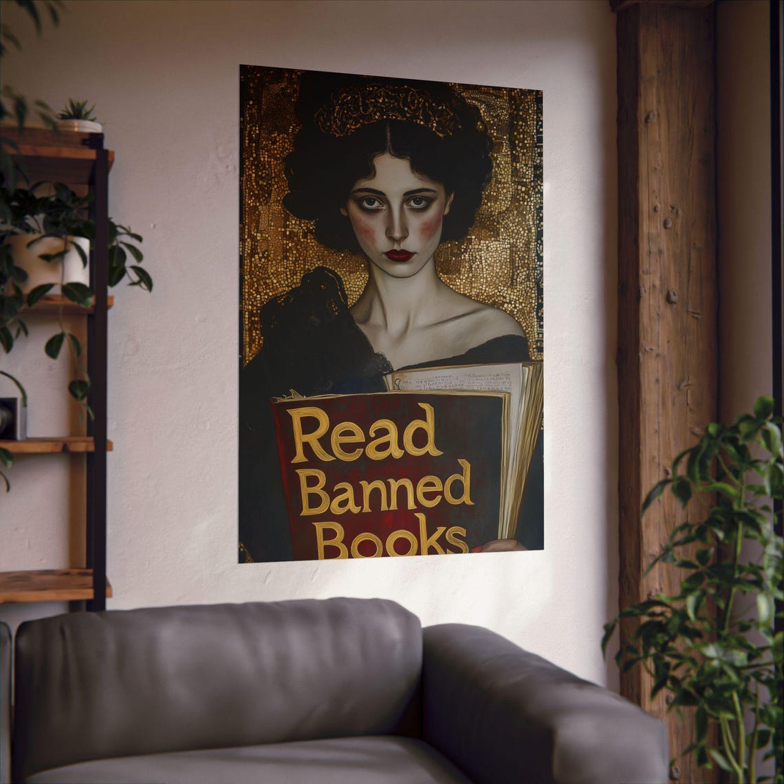 Read Banned Books Regal Crowned Woman Golden Mosaic Library Poster - Image 3