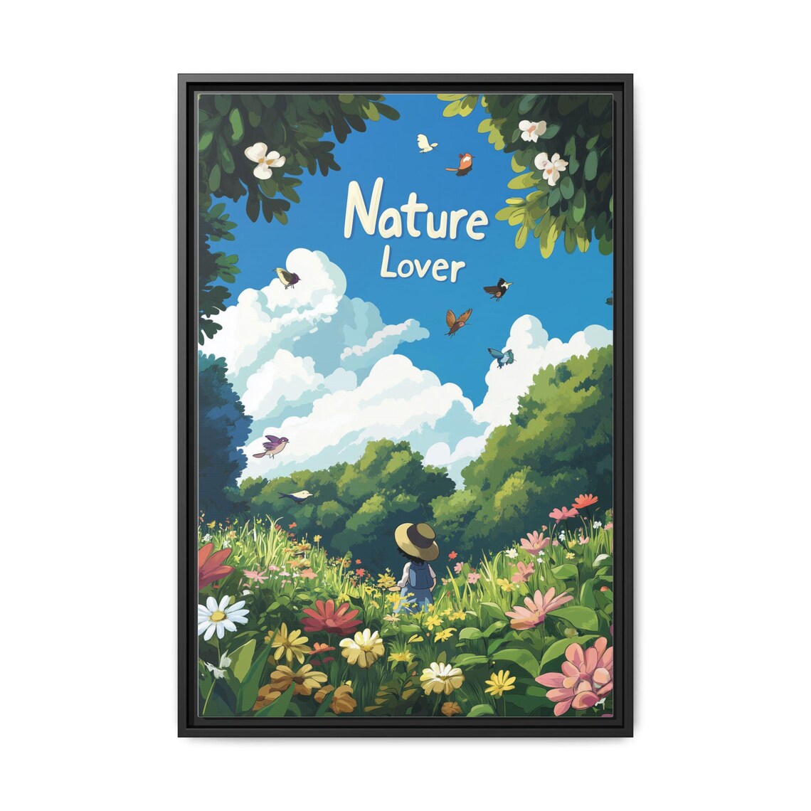 Nature Lover Anime Girl in Wildflower Meadow with Birds Poster - Image 4