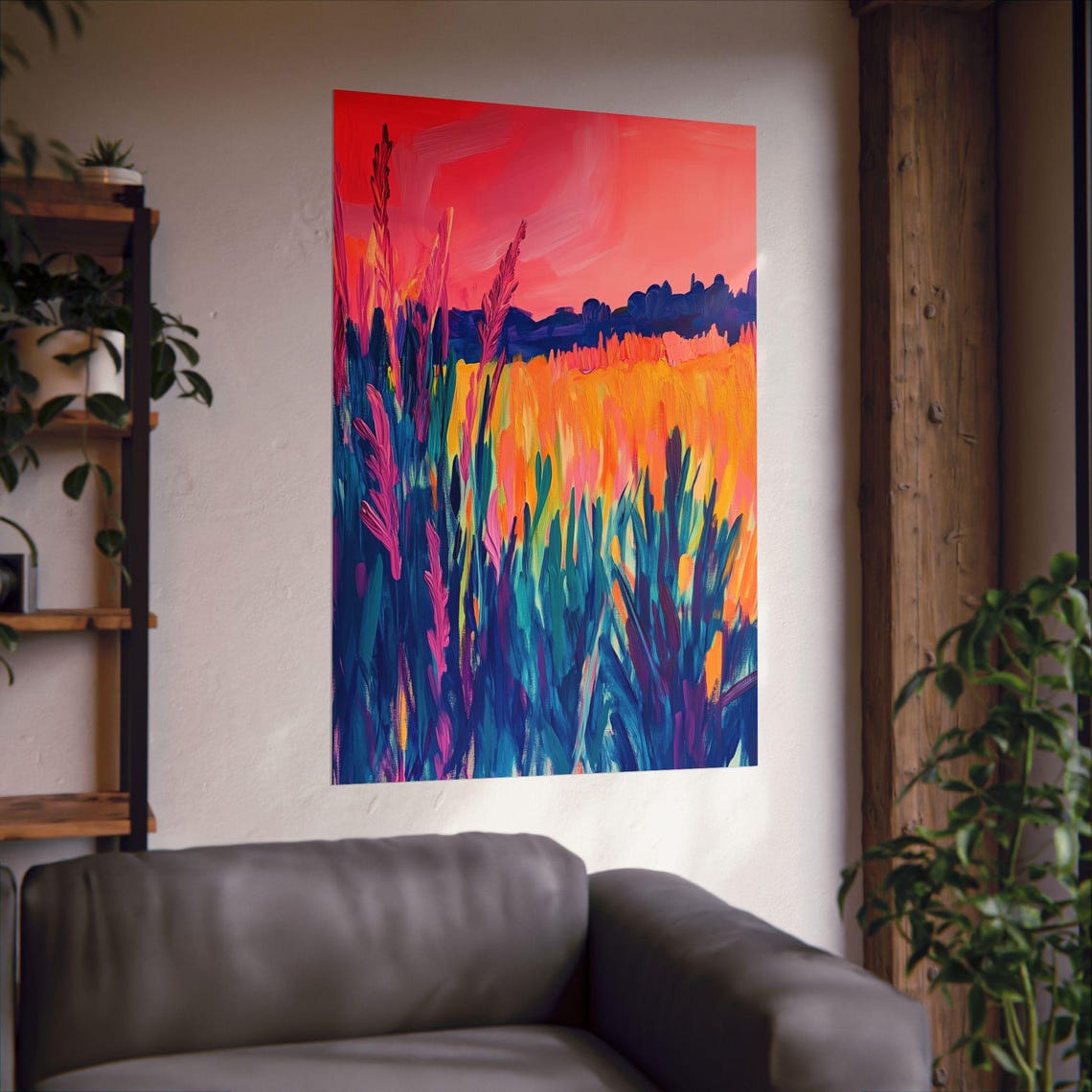 Bright Prairie Pink Sunset Teal Grasses Impressionist Field Print - Image 3