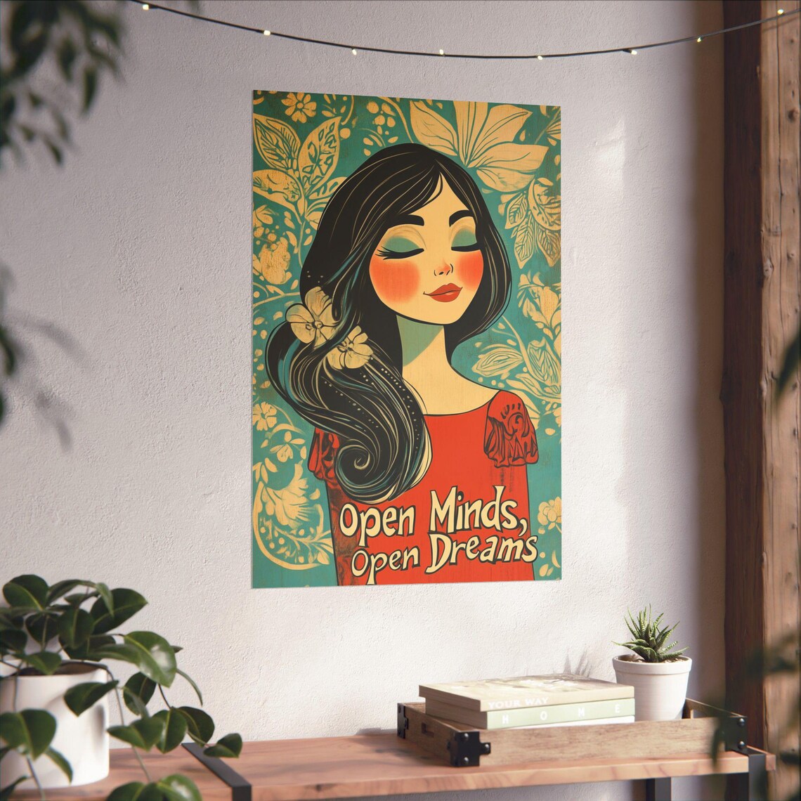 Open Minds Open Dreams Vintage Retro Girl Floral Quote Art Poster - Image 4