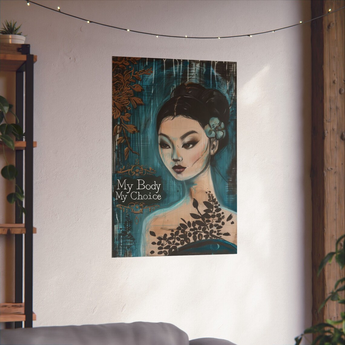 My Body My Choice Teal Gold Floral Woman Portrait Art Poster - Image 4