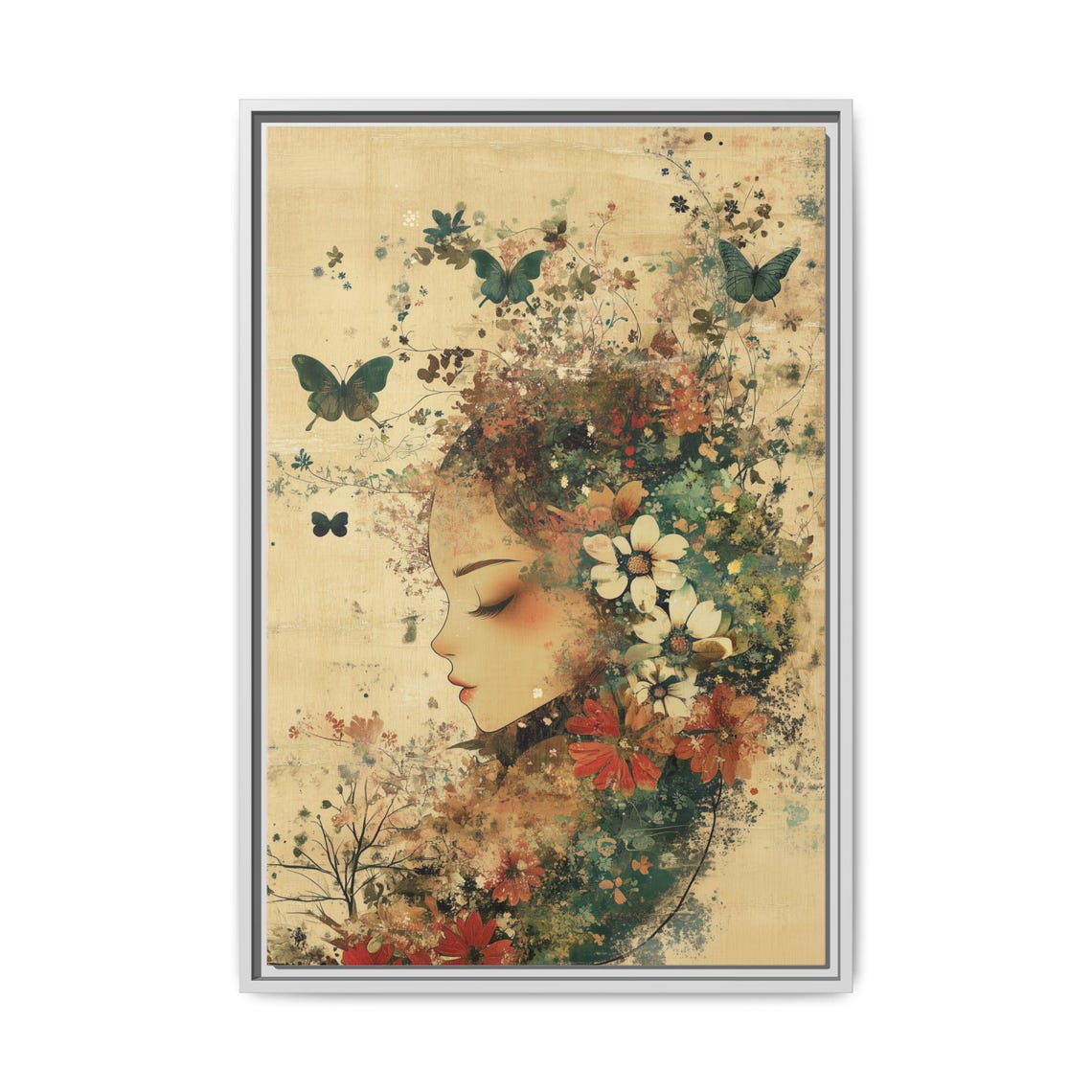 Woman Among Wildflowers Butterflies Vintage Botanical Poster