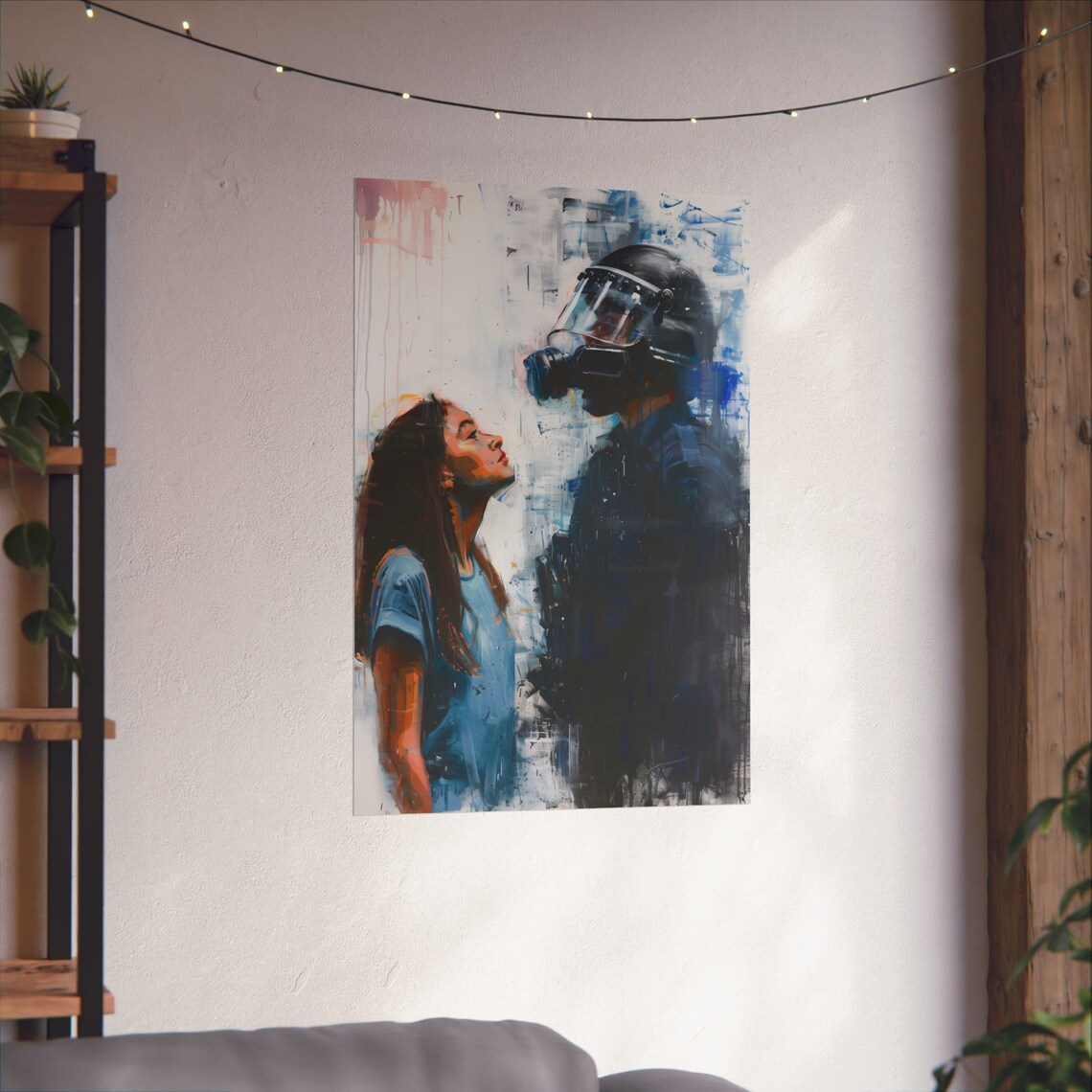 Woman Facing Riot Officer Gas Mask Expressive Painted Art Poster - Image 3