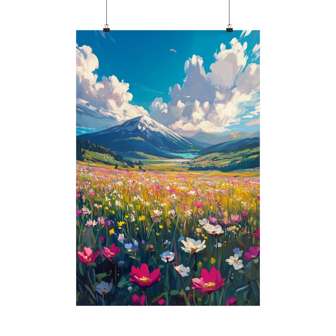 Wildflower Meadow to Snowy Mountain Summer Cloudscape Painting Print