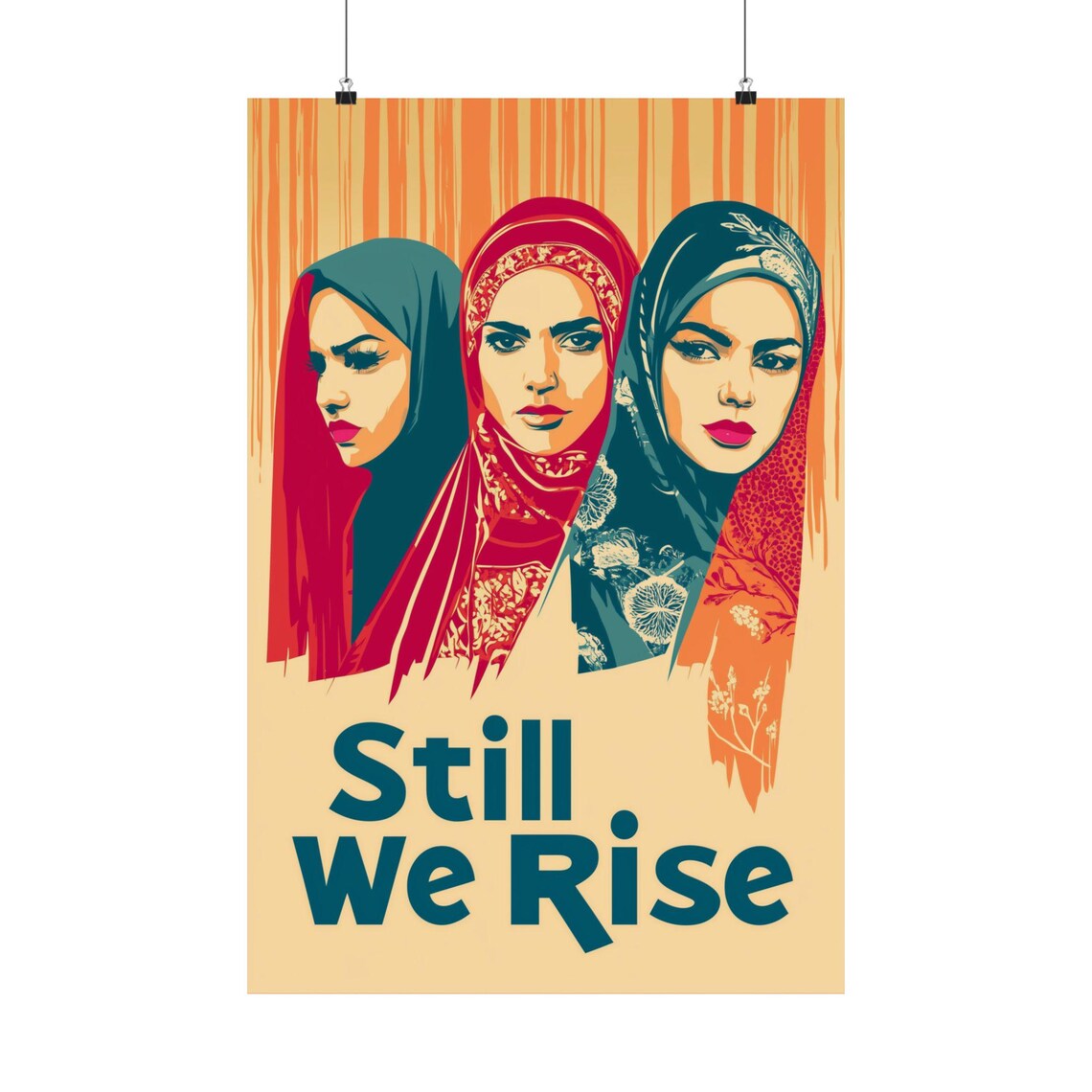 Still We Rise Three Women Hijabs Bold Retro Solidarity Poster