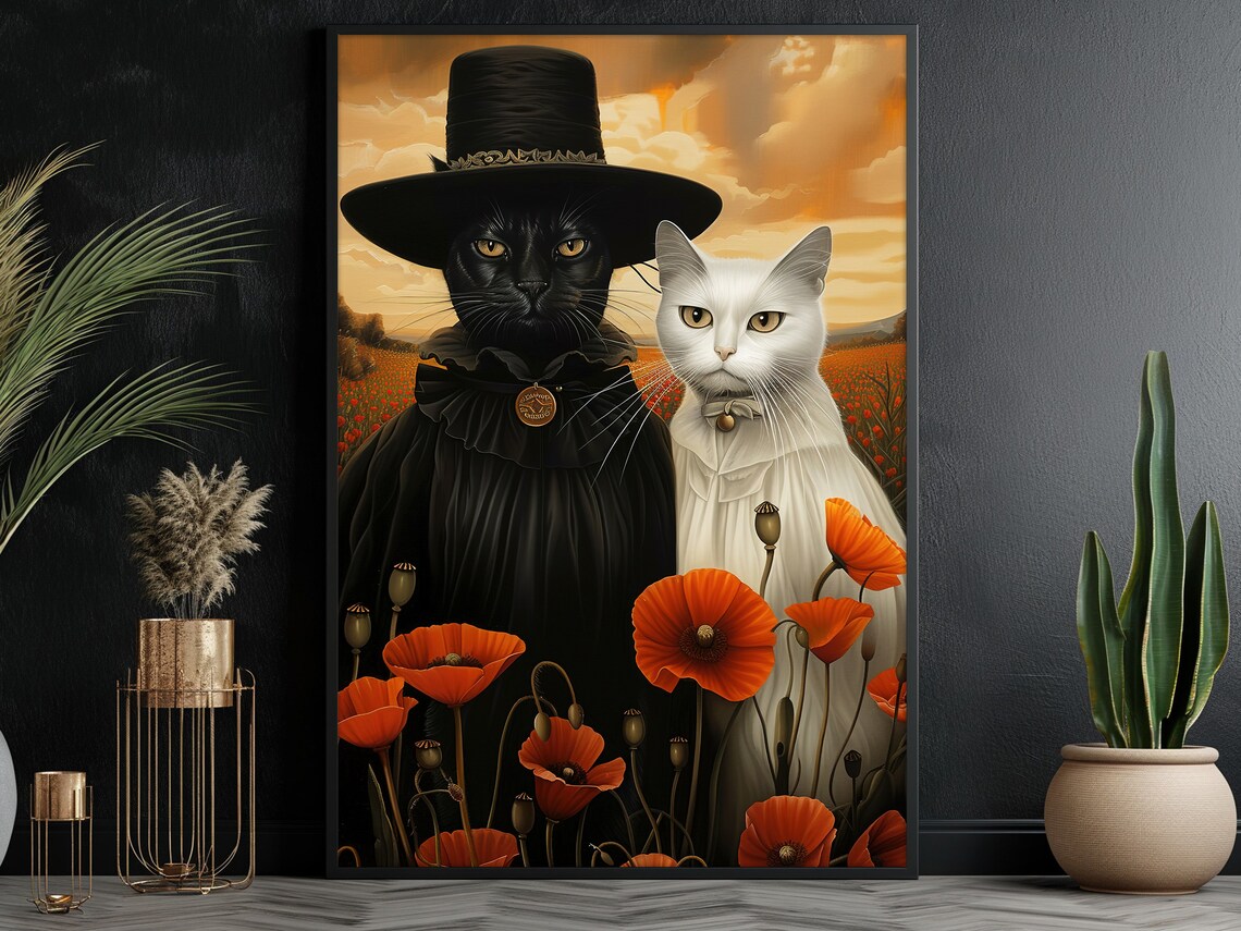 Witch Cat Couple Black White Cats Poppy Field Sunset Whimsical Art Poster - Image 3