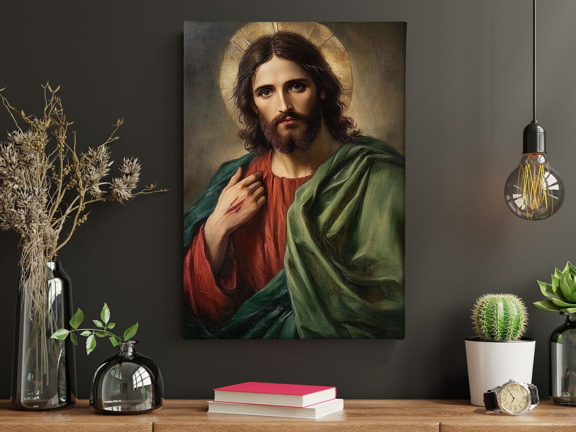 Classic Jesus Christ Portrait With Golden Halo Red Robe Religious Print - Image 5