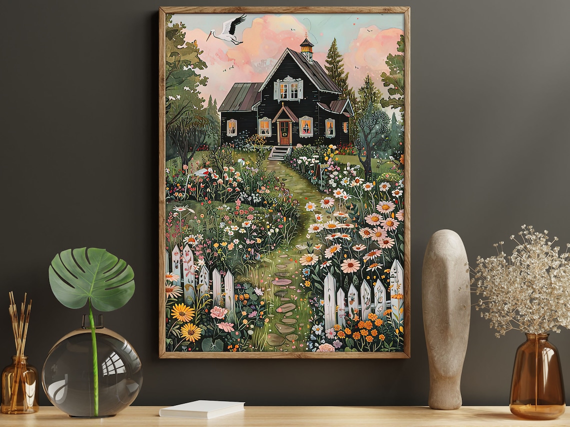 Cottage Garden Black House Picket Fence Flower Path Art Poster - Image 5