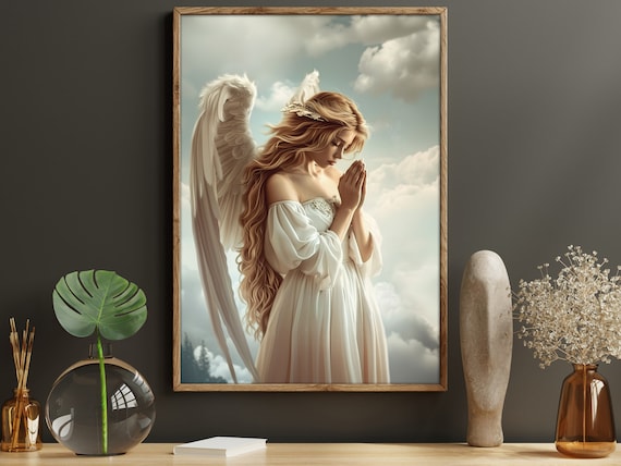 Praying Angel White Dress Clouds Faith Guardian Angel Spiritual Wall Art
