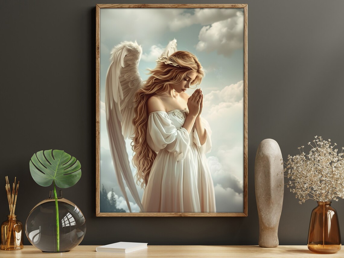 Praying Angel White Dress Clouds Faith Guardian Angel Spiritual Wall Art
