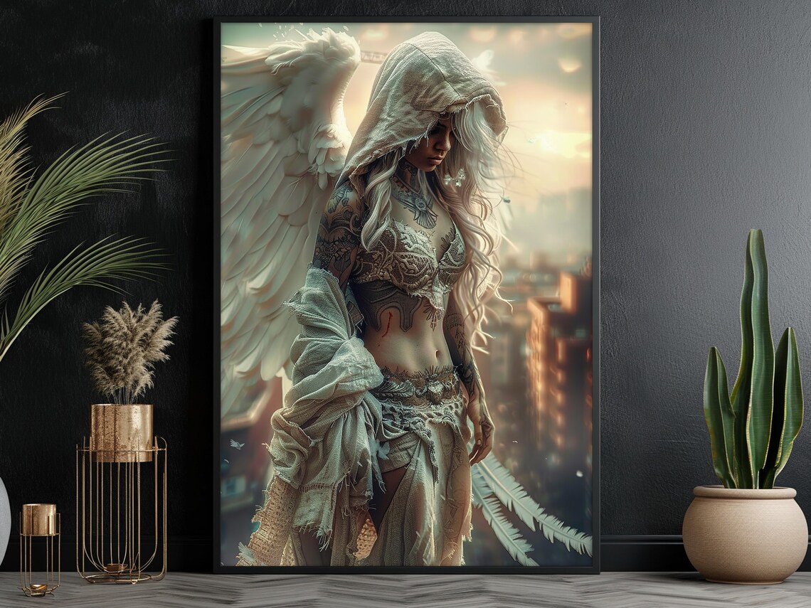 Dark Fallen Angel Tattooed Wings Gothic Fantasy City Sunset Art Poster - Image 5