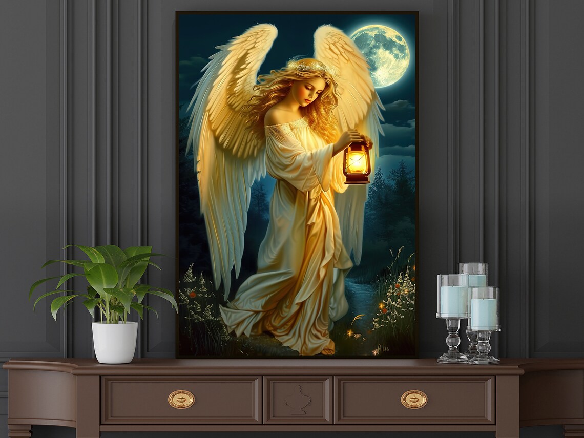 Golden Angel Holding Lantern Under Full Moon Night Guardian Poster - Image 5