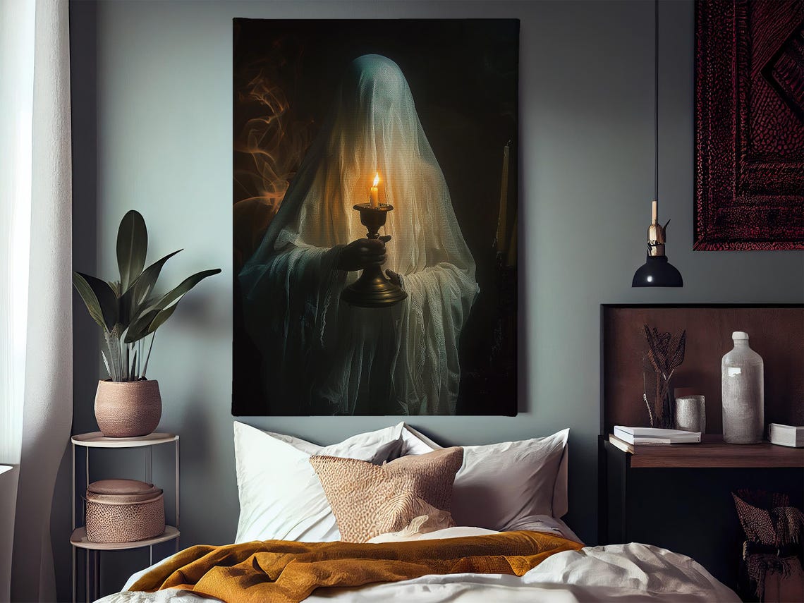 Veiled Ghost Holding Candle Dark Elegant Spooky Halloween Wall Art - Image 3