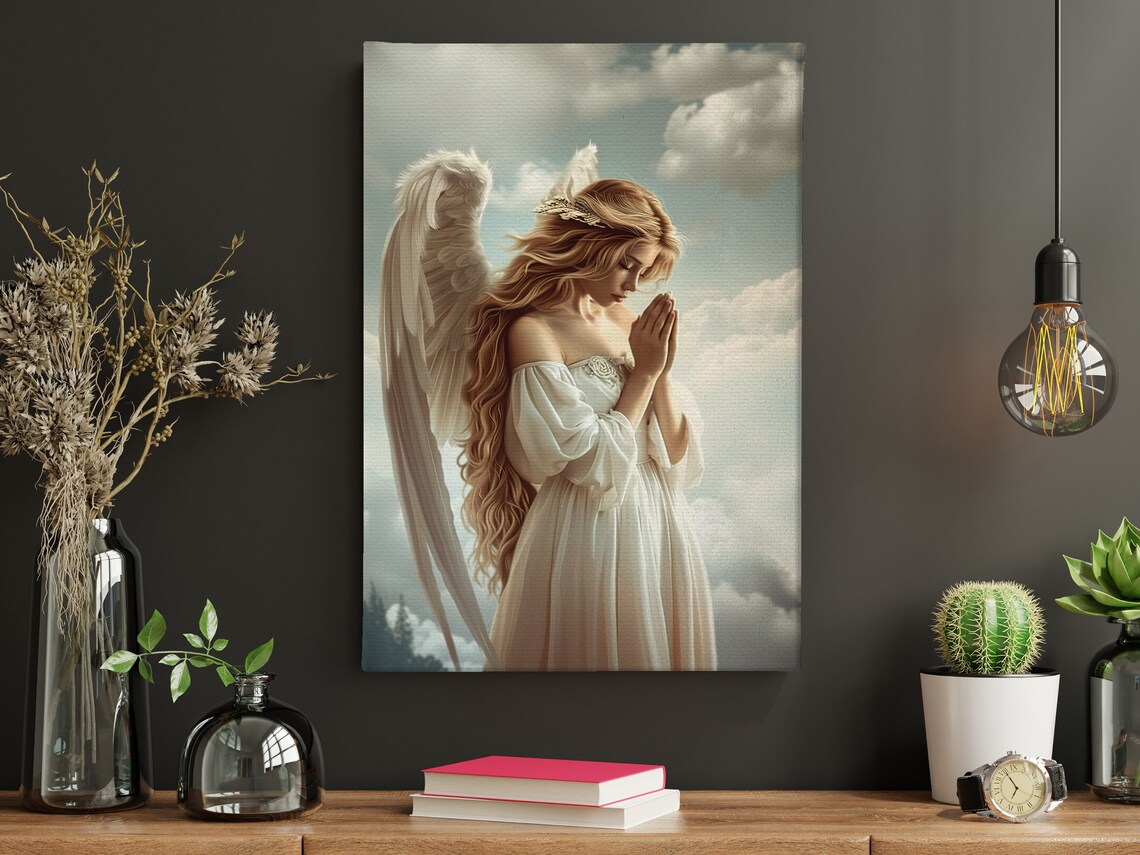 Praying Angel White Dress Clouds Faith Guardian Angel Spiritual Wall Art - Image 5