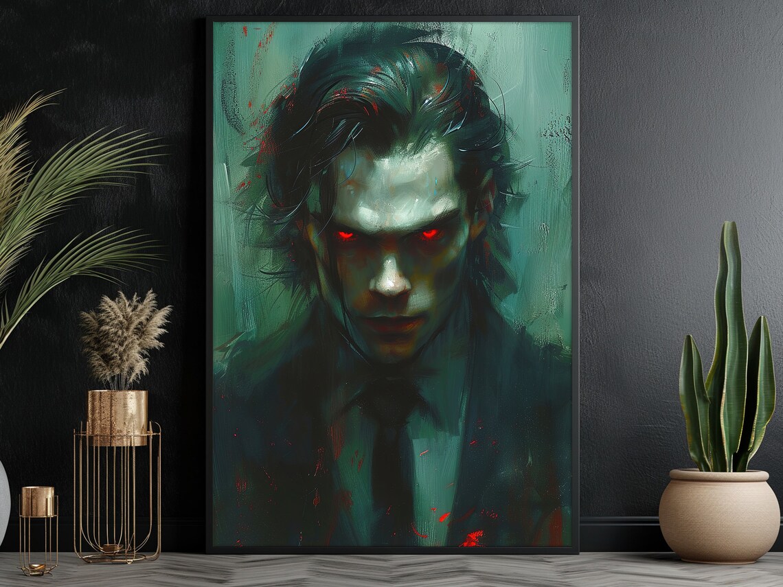 Dark Vampire Portrait With Glowing Red Eyes Gothic Fantasy Art Poster