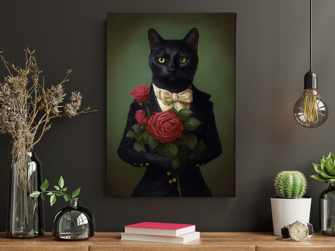Black Cat Gentleman Tuxedo Portrait With Red Roses Bouquet Poster - Image 3
