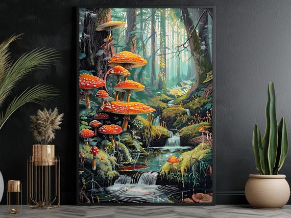 Vintage Colorful Mushrooms, Enchanted Forest Art Print